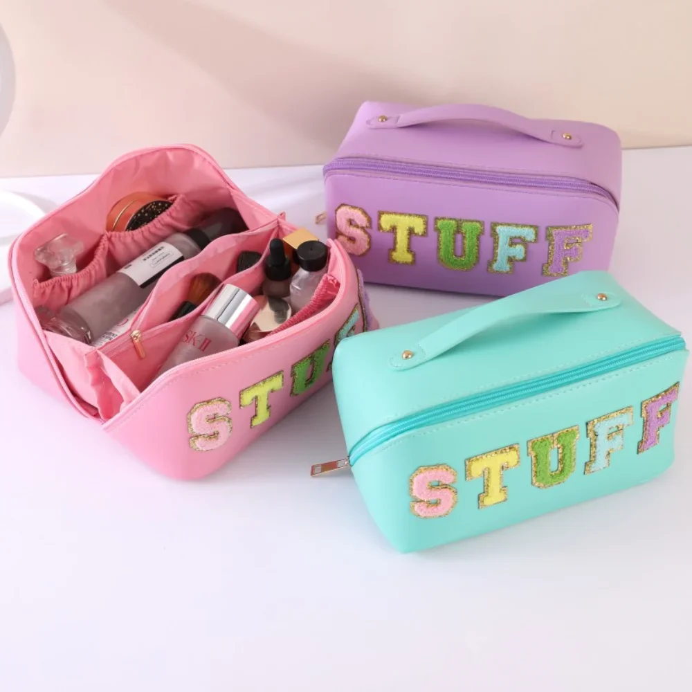 

Waterproof PU Lether Makeup Bags Women Fashion Letter Patches Cosmetic Bag Ladies Large Capacity Simple Travel Toiletries Pouch