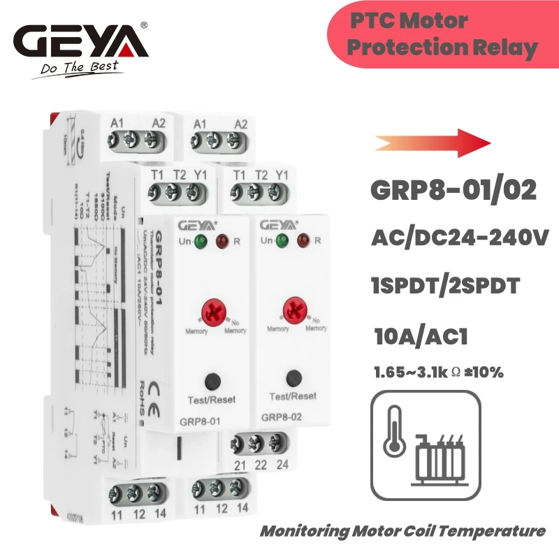 GEYA  PTC Motor Protection Relay 10A  AC/DC24-240V Thermostat for Monitoring Temperature of Motor Winding Thermal Relay