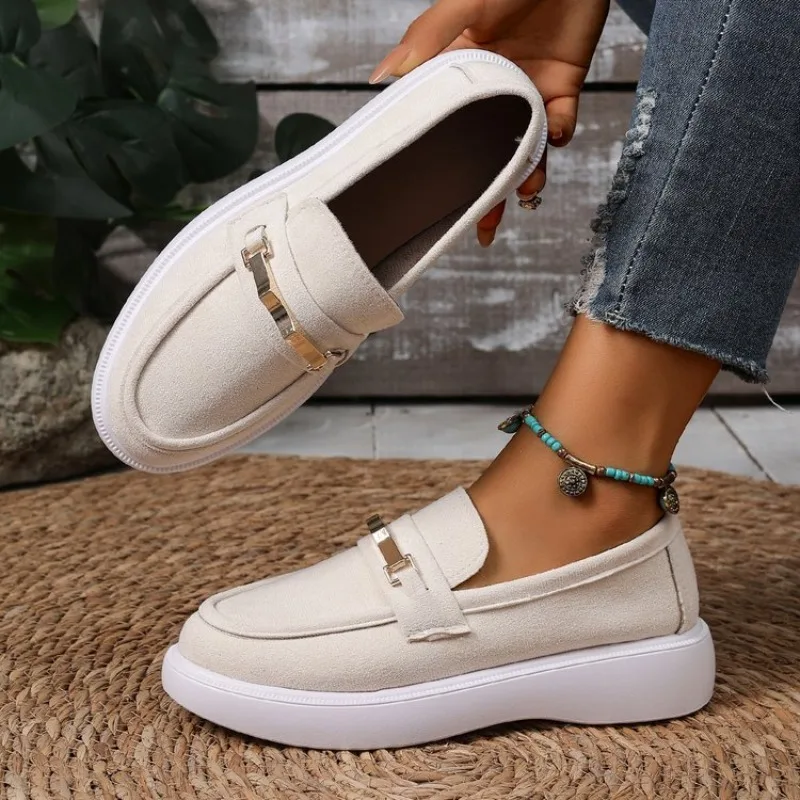 2026 Women Platform Loafers Suede Metal Buckle Casual Shoes Height Increasing Thick Sole Slip on Round Toe Ladies Office Walking