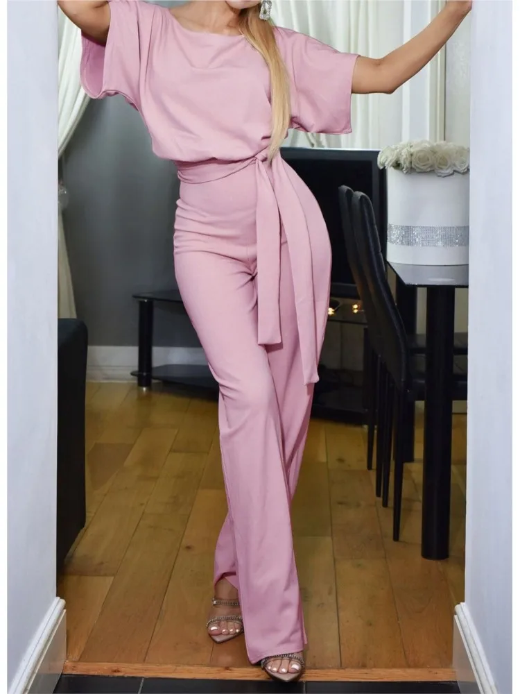 Jumpsuit wanita musim semi musim panas baru warna Solid lengan pendek tinggi pinggang Leace-up Jumpsuit mode elegan Chic Feminino playsuit