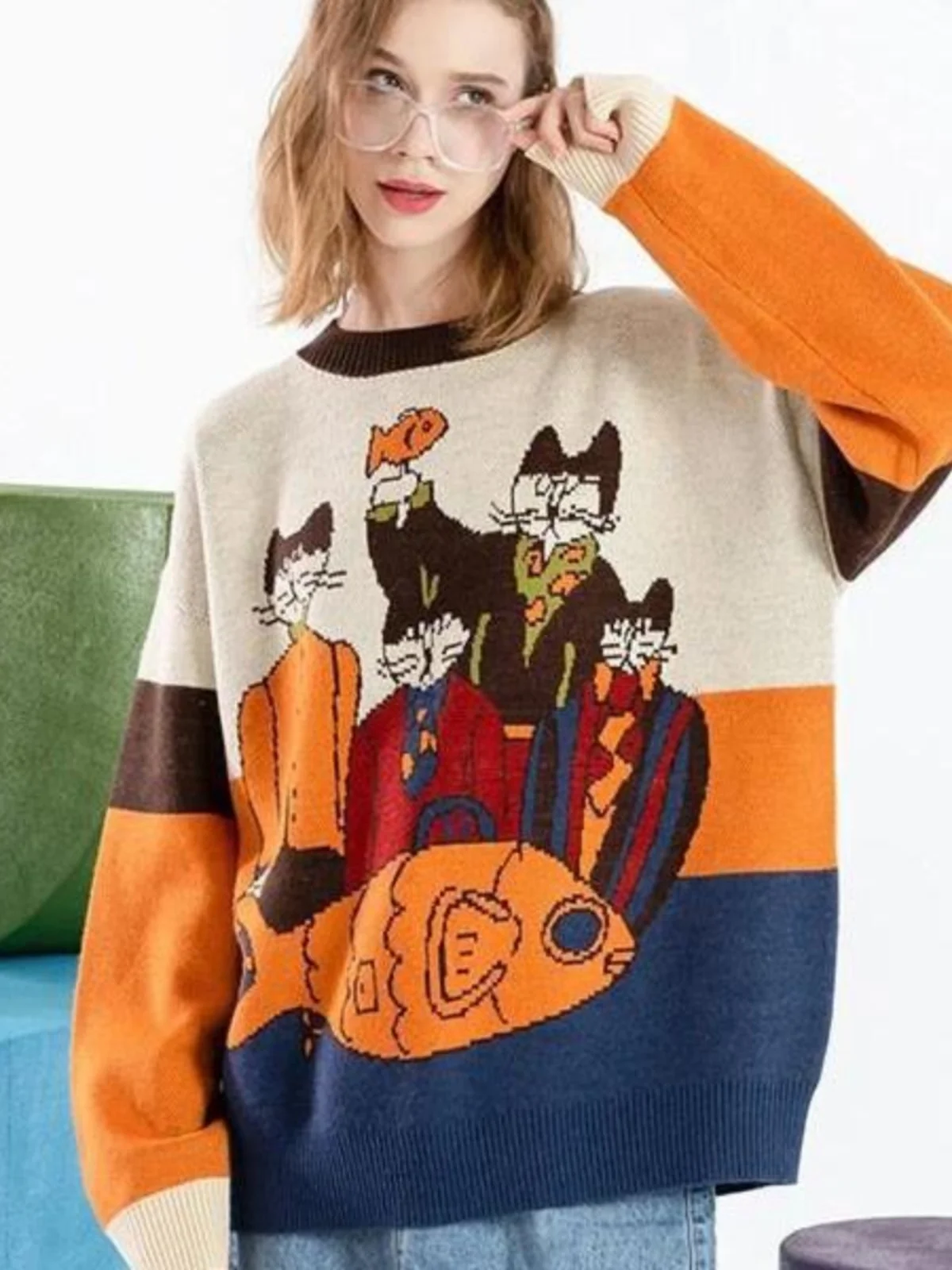 

Adorable American Cartoon Magic Embroidery Knitted Sweater Harajuku Y2K Retro Sle Women's Cotton Streetwear Long Sve