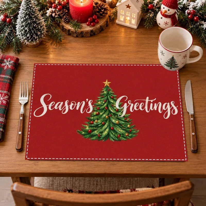 Blue Striped Poinsettia Pine Cone Holly Print Table Mat Watercolor Style Winter Xmas Dining Table Decoration
