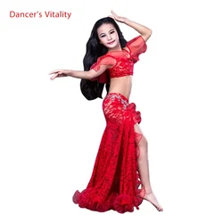 Ropa de danza del vientre para niñas Top sin mangas de Lujo + encaje Split 2 uds conjunto de baile infantil niños traje de danza del vientre SML