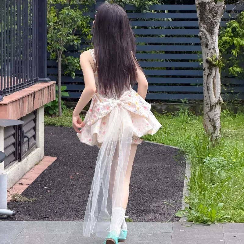 Girls Floral Suspender Dress Floral Bud Pants Set 2026 Summer Bow Mesh Trailing Princess Birthday Dress