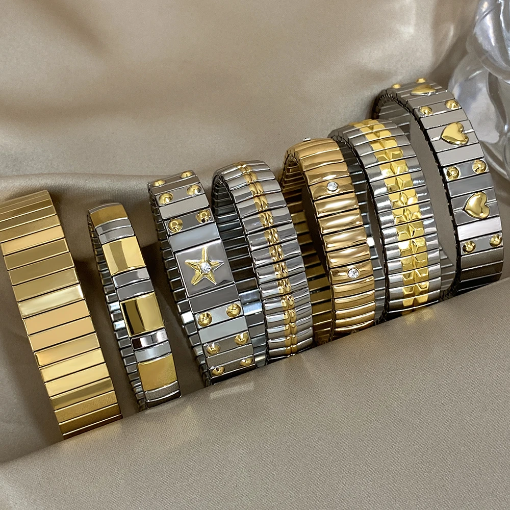 Elastische Edelstahl Einstellbare Herz Stern Armband Für Frauen Männer Geometrische Strass Paar Handgelenk Wasserdicht Schmuck Geschenke