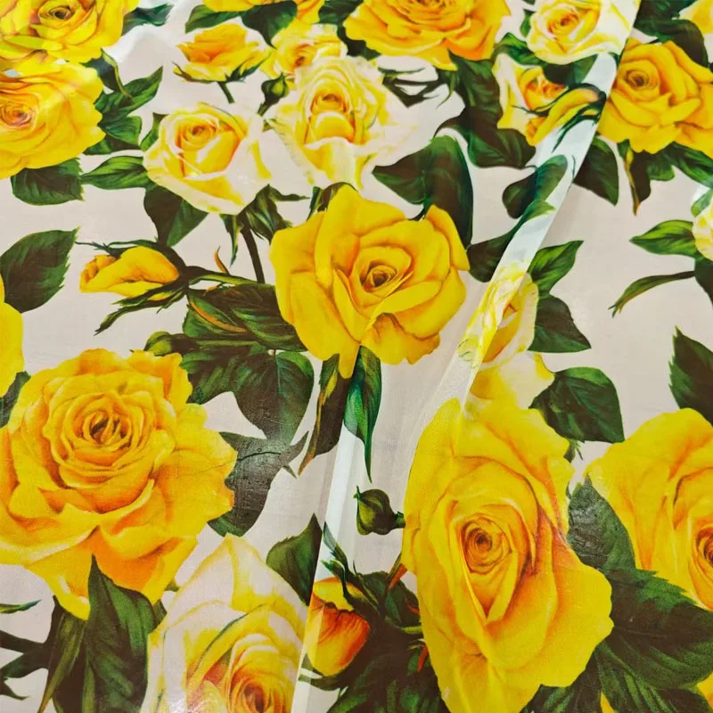 2024 Europe and America Yellow Rose Flower  Printed Cotton Or Chiffon Fabric For Women Summer Dress Blouse DIY Cloth Sewing