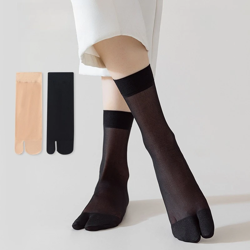 Women's Summer Ultra Thin Toe Socks Sexy Breathable Toe-separated Mid Tube Socks Solid Color Casual Transparent Tabi Silk Socks image 3