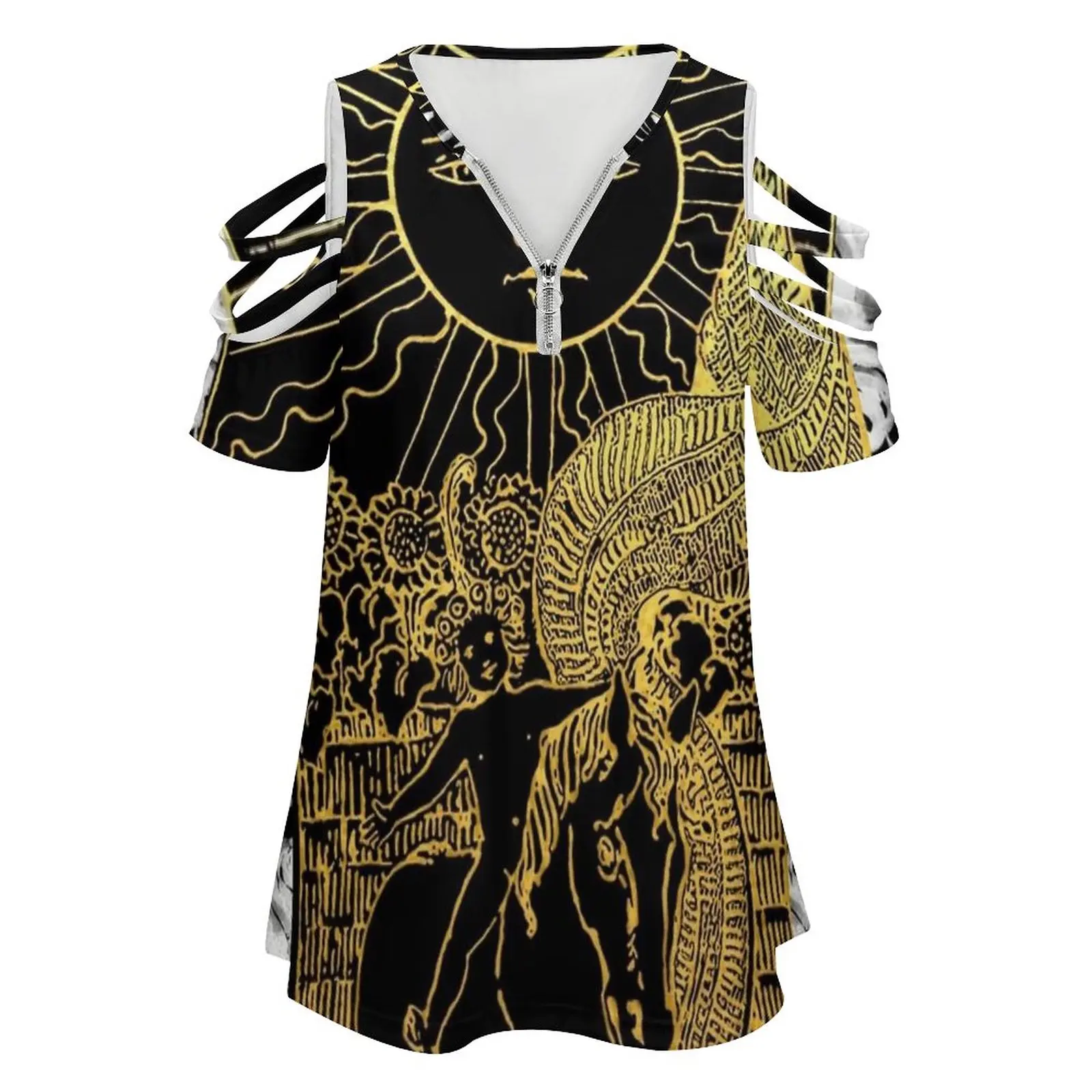 Floral Tarot Print-The Sun Women's T-Shirt New Fashion Printed Zipper V-Neck Short Sleeve T Shirts Casual Plus Size Tarot Tarot