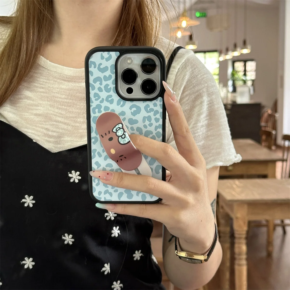 

INS Korean Leopard Pattern Stars Hello Kitty Phone Case For iPhone 16 15 14 Pro Max 13 16 Brown Cartoon Bumper Strap Cases Cover
