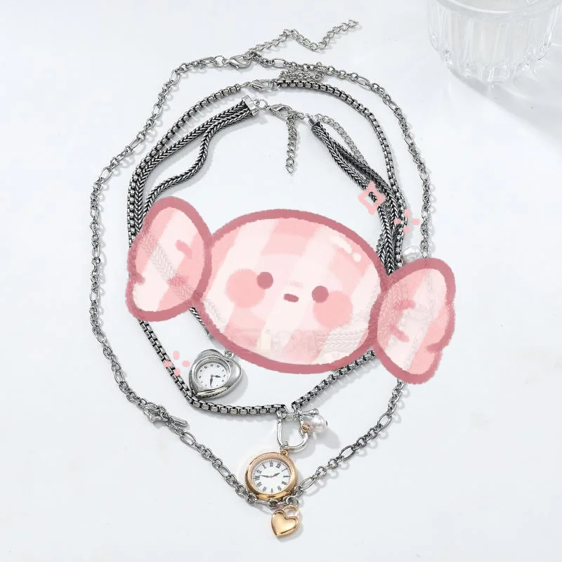 Fashion Pin Button Key Heart Pendant Necklace for Ladies; Bohemian Multi-layered Clavicle Chain Jewelry Accessory