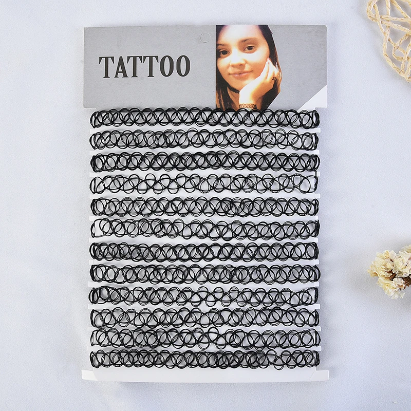 12PCS Hot Sell Vintage Hippy Stretch Tattoo Choker Necklace Elastic Chocker Necklace Fishing Line Tattoo Necklace Elastic