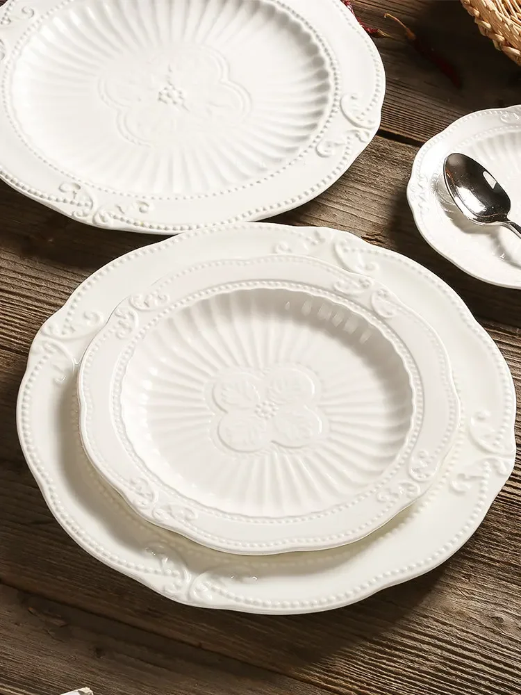 

Белая фарфоровая тарелка в западном стиле, наборы посуды и тарелок для ужина, десерта, торта