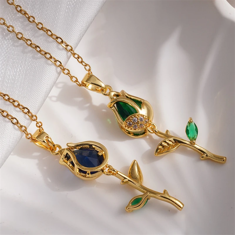 Edle Edelstahl-Tulpenanhänger-Halskette für Damen Elegante Goldfarben-Kette Blumen-Halskette Glücksbringer-Schmuck Geschenk – Detail 3