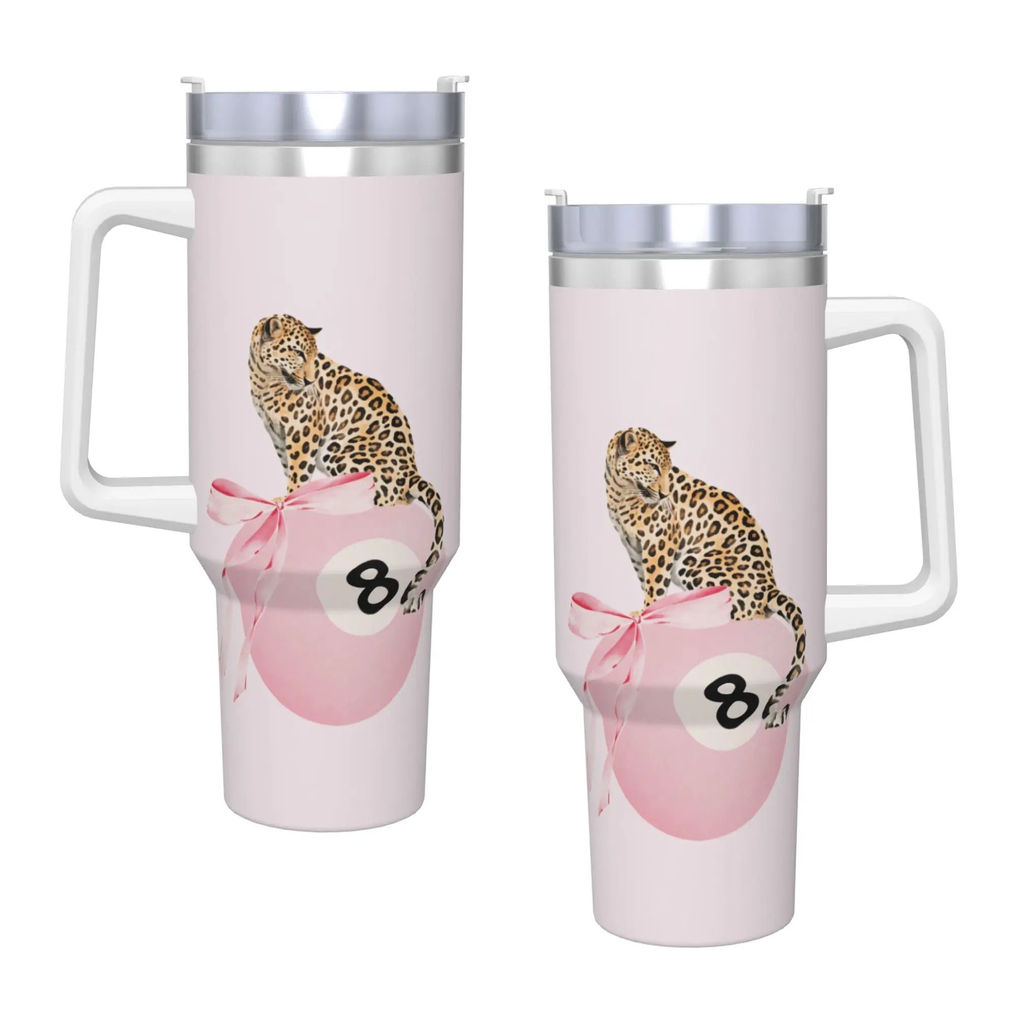Leopard & Card Print Stainless Steel Tumbler  Beach Coffee Mug With Straws and Lid Large Capacity Mugs Hot Drinks Water Bottle