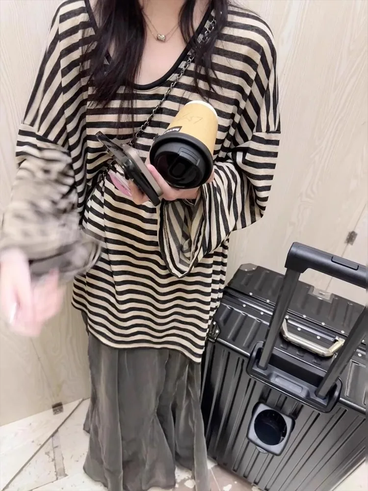 Loose Korean Style Long Sleeve Stripe T-Shirt Women's Summer New Thin Sunscreen Shirt Casual Breathable Transparent Top