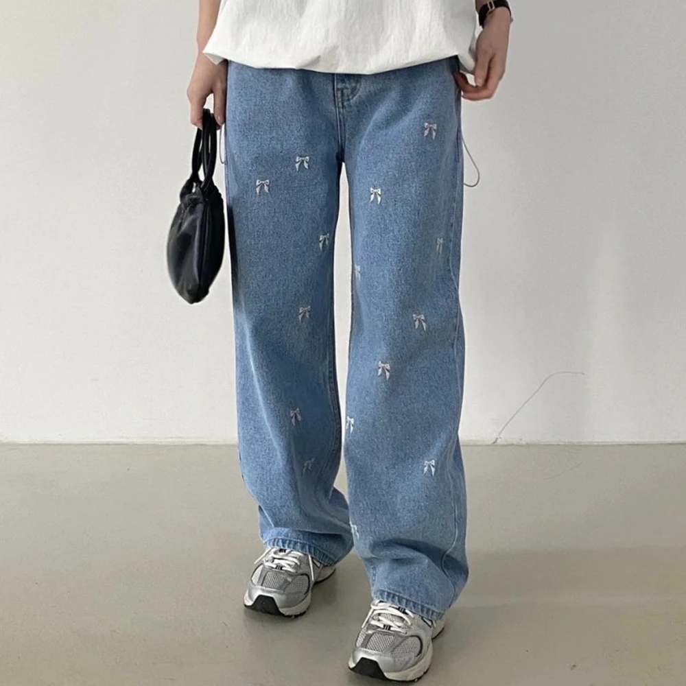 

Fashion Basic Blue Denim Pants Simple Basic Women Embroidered Bows Loose Fit High Waist Jeans Versatile Spring Autumn Women Cl