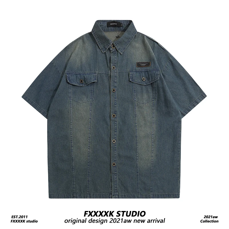 

FXK Original American Retro Waed Denim ort Sve Loose irt Men Women Trendy Brand Summer Casual Loose irt