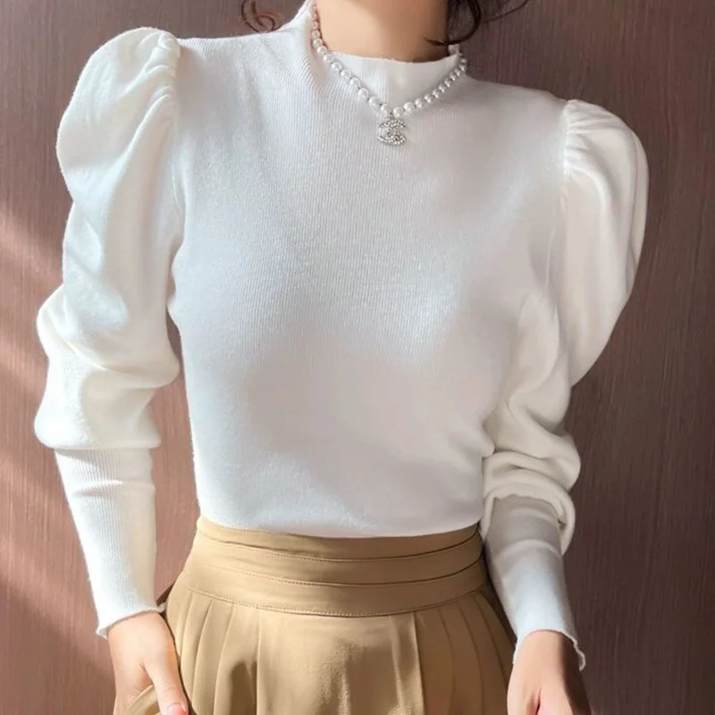 Half Height Collar Bottoming Shirt Slim All-match Top Tee Ladies Simplicity Patchwork Lantern Sleeve Knitting Pullovers Women's