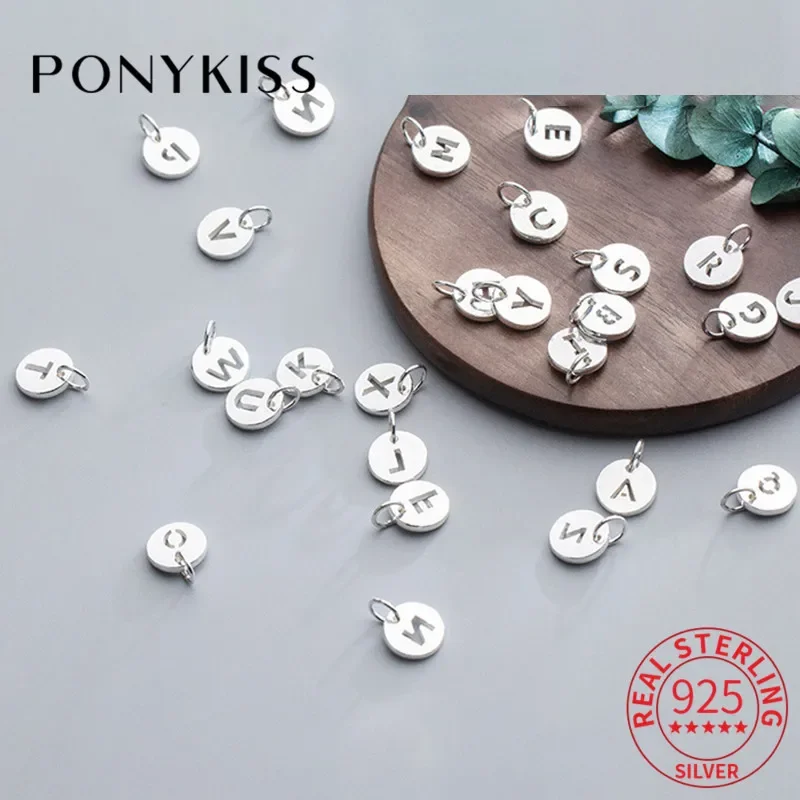 PONYKISS Trendy 925 Silver Round Charm A-Z 26pcs Letter Pendant for Handmade Necklace Bracelets DIY Fine Jewelry Accessory