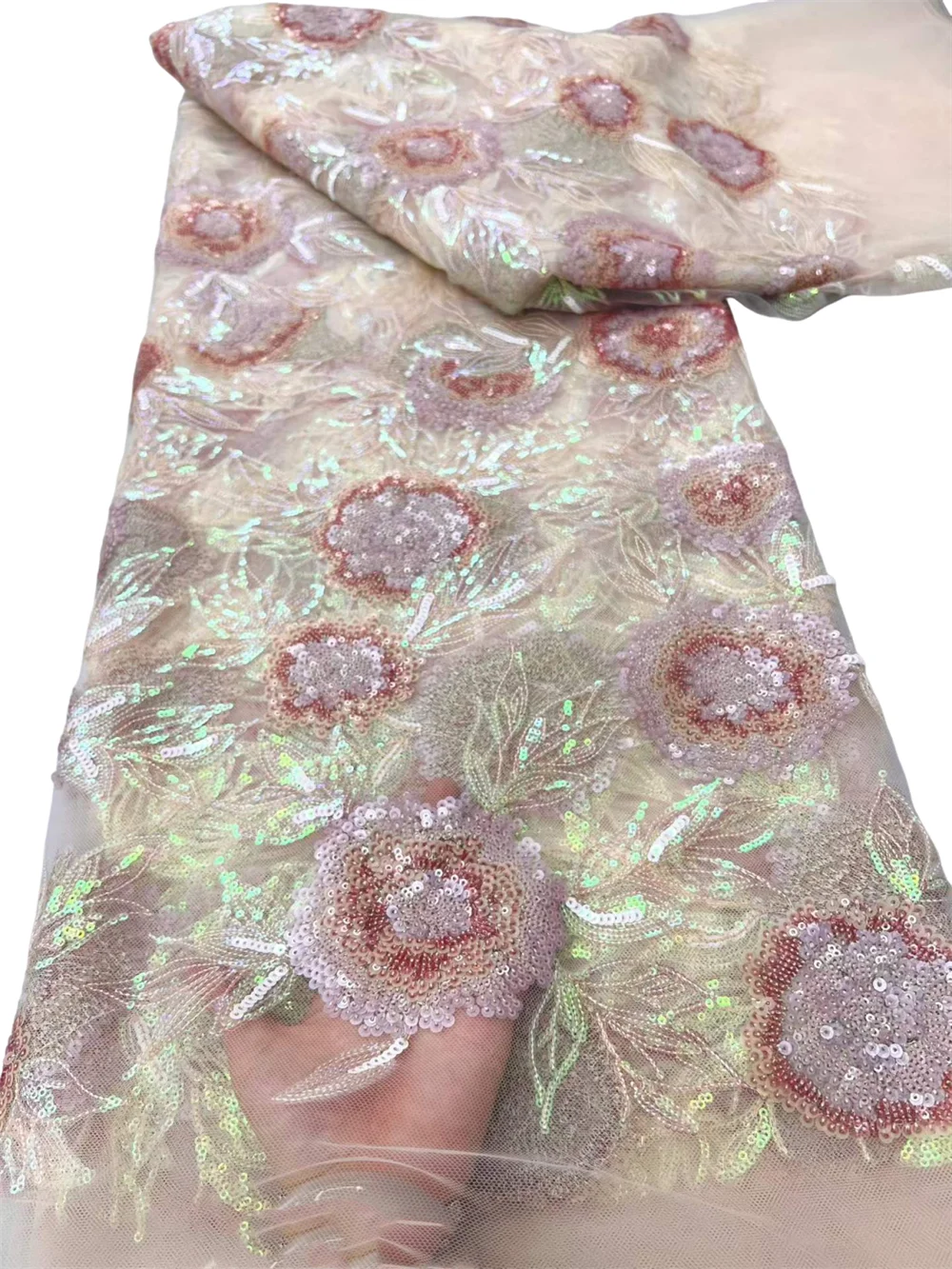

New Multicolor HIgh Quality French Embroider Lace Fabric With Sequins Flower African Fabric Niegrian Embroidered Tulle For Dress