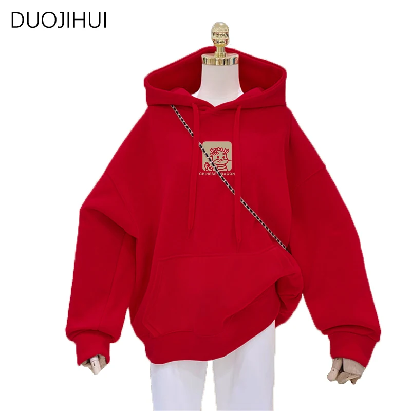 DUOJIHUI Red Chic Drawstring Hooded Loose Female Hoodies Spring New Basic Long Sleeveless Fashion Printing Casual Women Hoodies