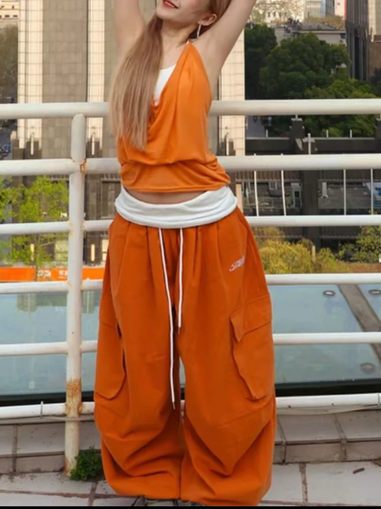 Pantalones de Trabajo de Pierna Ancha Color Naranja Dopamina para Mujer, Estilo Americano, para Baile Jazz y Street Dance, Ca...
