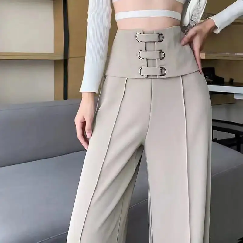 

Women's Solid Color High Waisted Zipper Wide Leg Spring Autumn New Fashion Patchwork Bright Line Decoration Straight Suit Pants