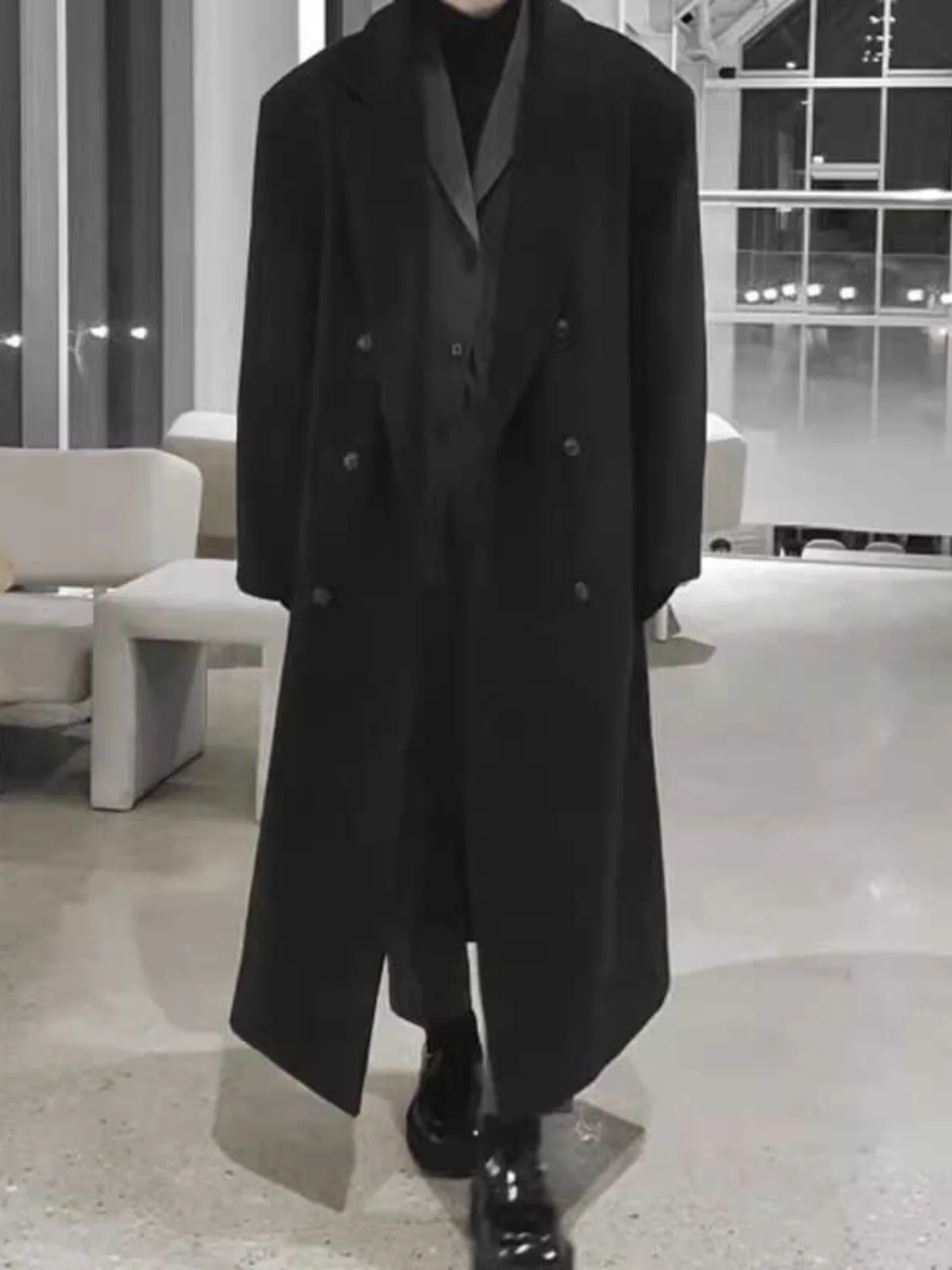 

Loose Men's Woolen Coat Double Row Buttons Long Over-Knee Korean Sle Winter Coat Warm Youthful Faion Windbreaker Jaet