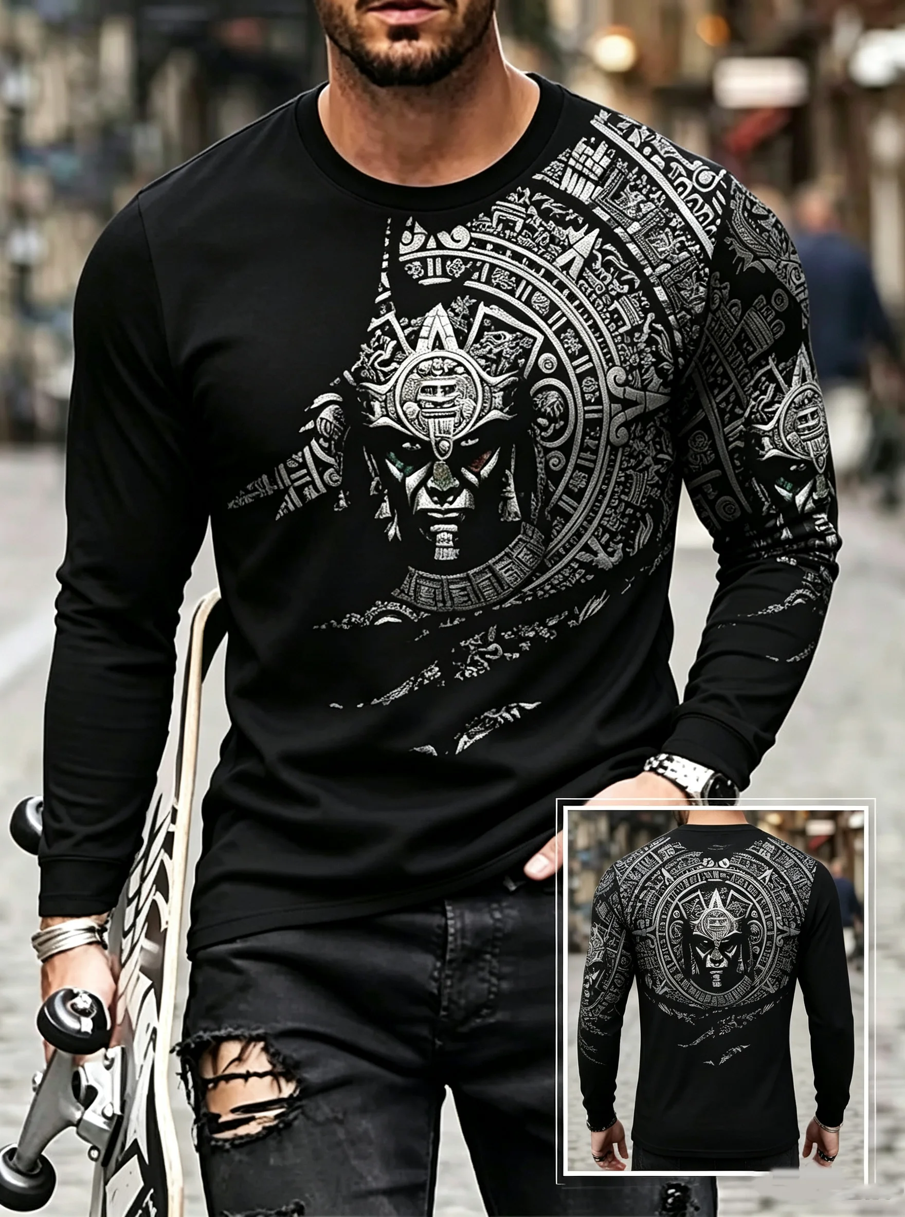Mexico Eagle Aztec Flag 3D Print Long Sleeve T-Shirt, Unisex Oversized Streetwear Harajuku Casual Top for Adults Men Women Teens