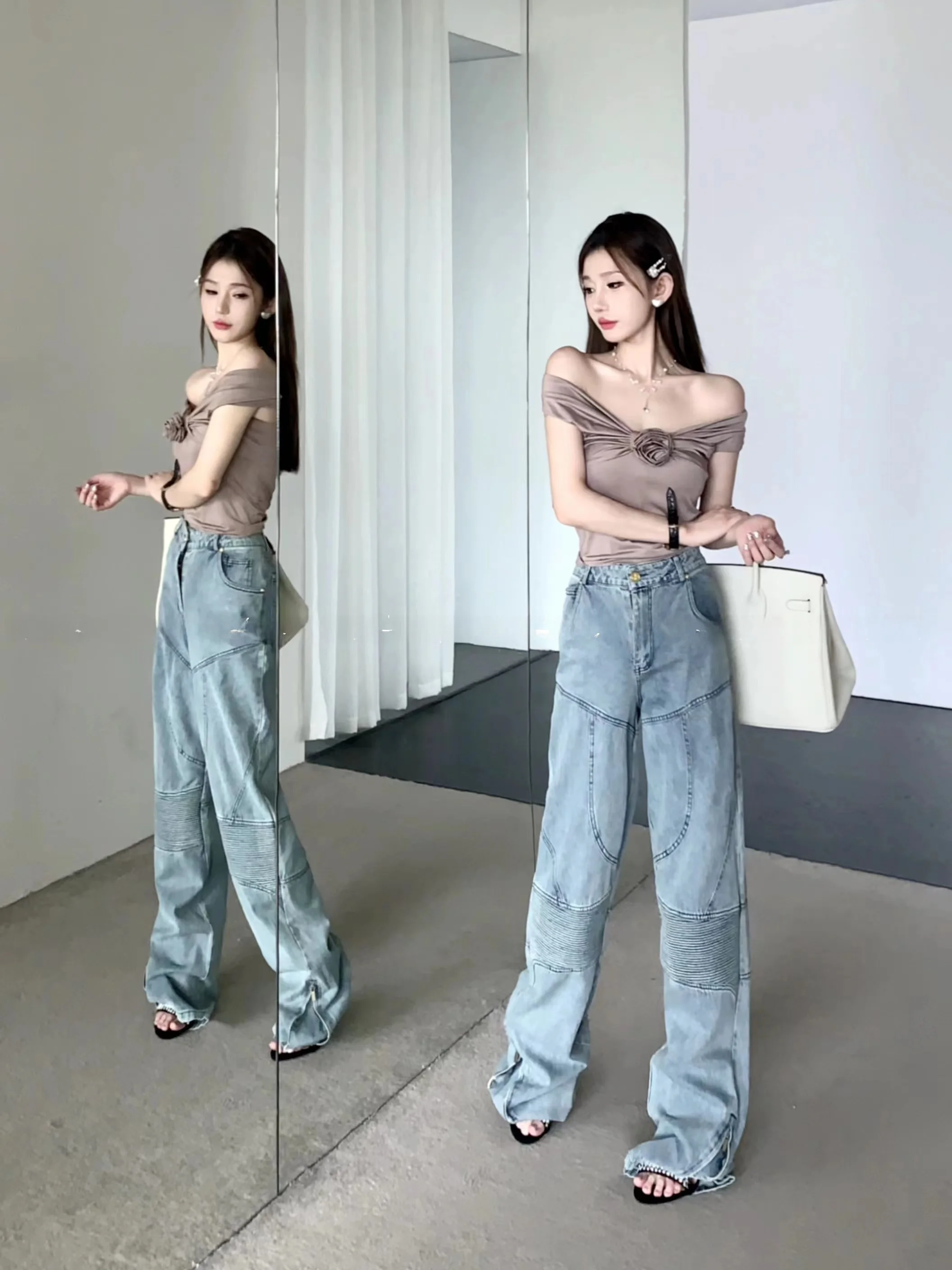 

High Waist Patchwork Wide Leg Jeans Workwear Sle Floor-Length Bootcut Denim Pants for Young Women Spring Autumn Faion