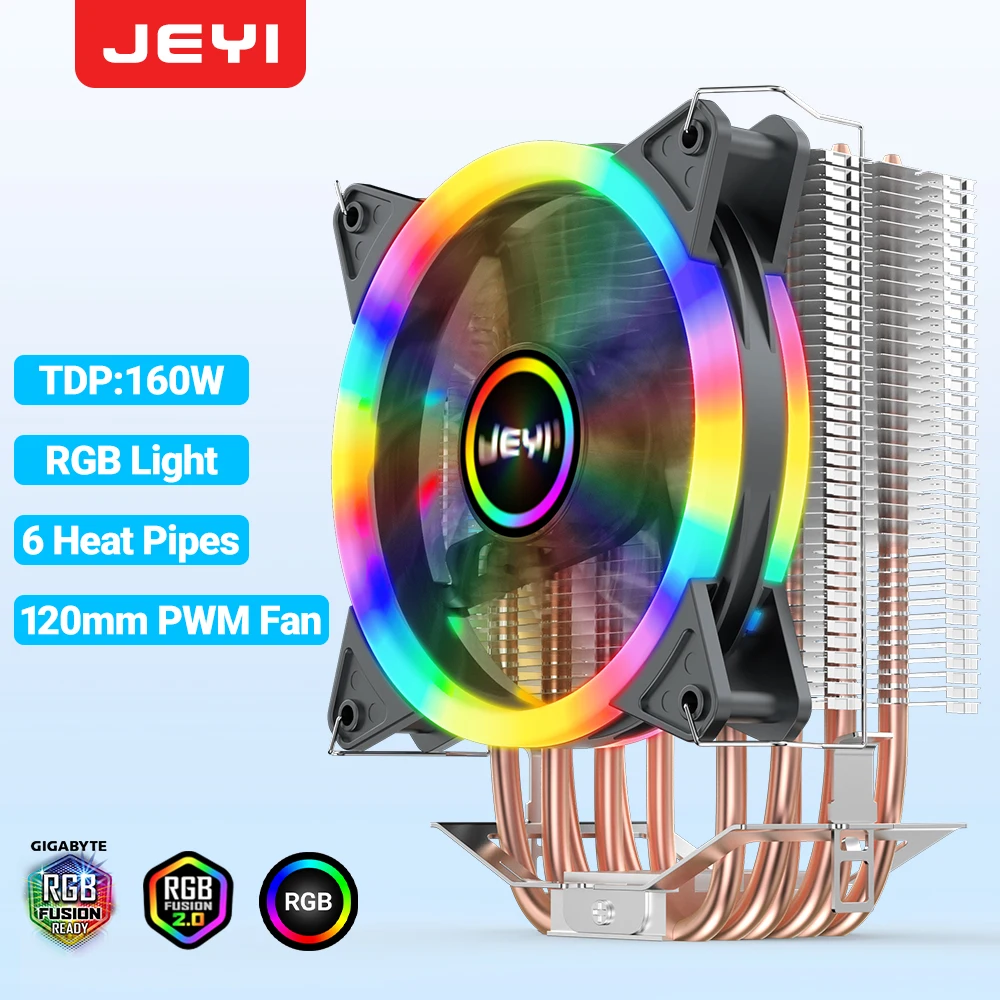 JEYI RGB CPU Cooler 4/6 Heat Pipes Air Tower Radiator PC 12cm PWM Fan for Intel 1700 1200 1150 1155 1156 1366 2011 AM5 AM4 AM3