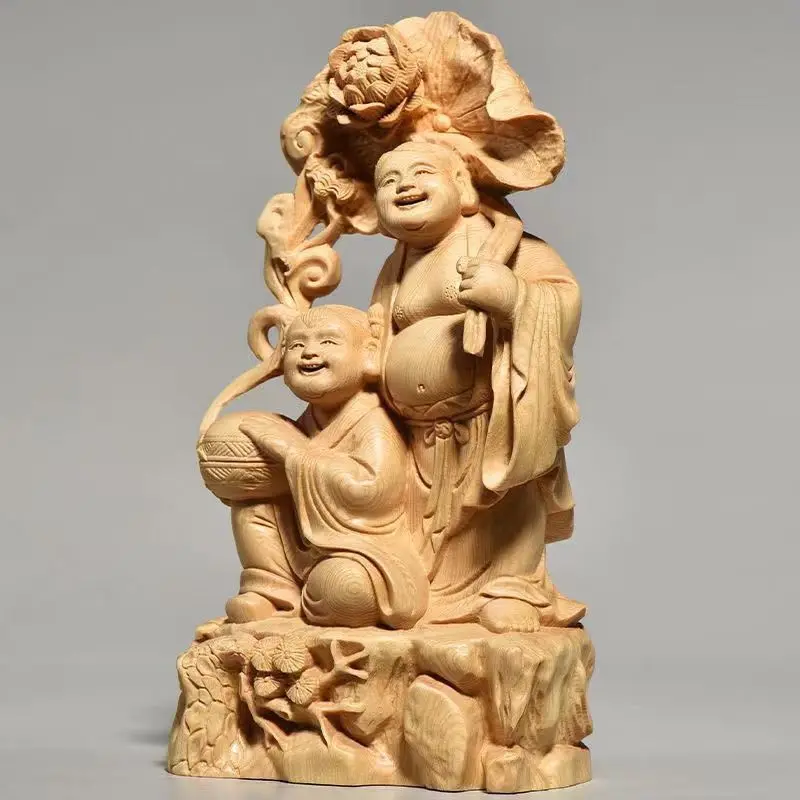 Vintage Boxwood Hand Carved He He Er Xian Harmony Gods Traditional Mascot Home Office Desk Ornament Statue