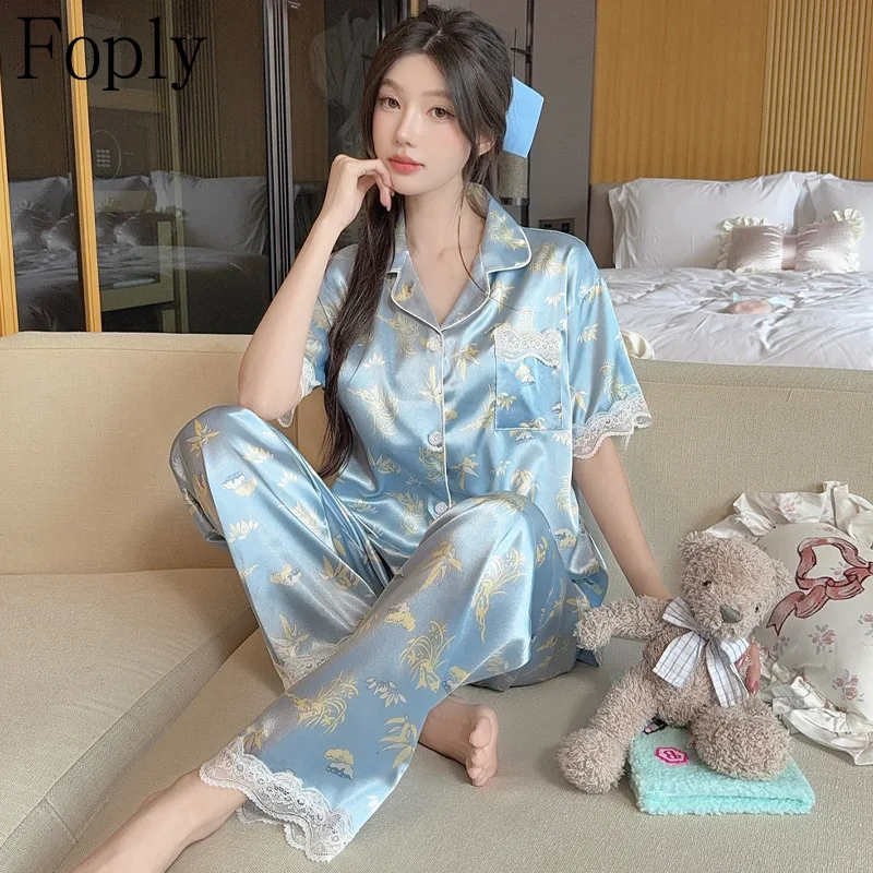 

Comfortable Print Women Pajamas Set Ice Silk Summer 2 Piece Pyjama Satin Silk Sleepwear Shortsleeve Pants Pijama Pjs Loungewear