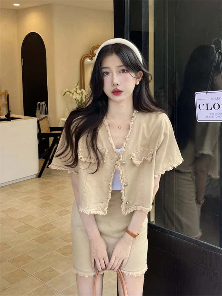 Short 2 Pieces Skirt Sets For Women Formal Event Y2k Street Wear Elegant Sleeve Casual Occasion Korea Mini Woman Outfit