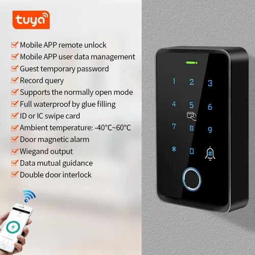 Imagen 2 del producto Teclado de Control de acceso de huellas dactilares WiFi Tuya, teclado RFID independiente impermeable para exteriores, 125Khz, 13,56 MHz, Control de aplicación inteligente WG26