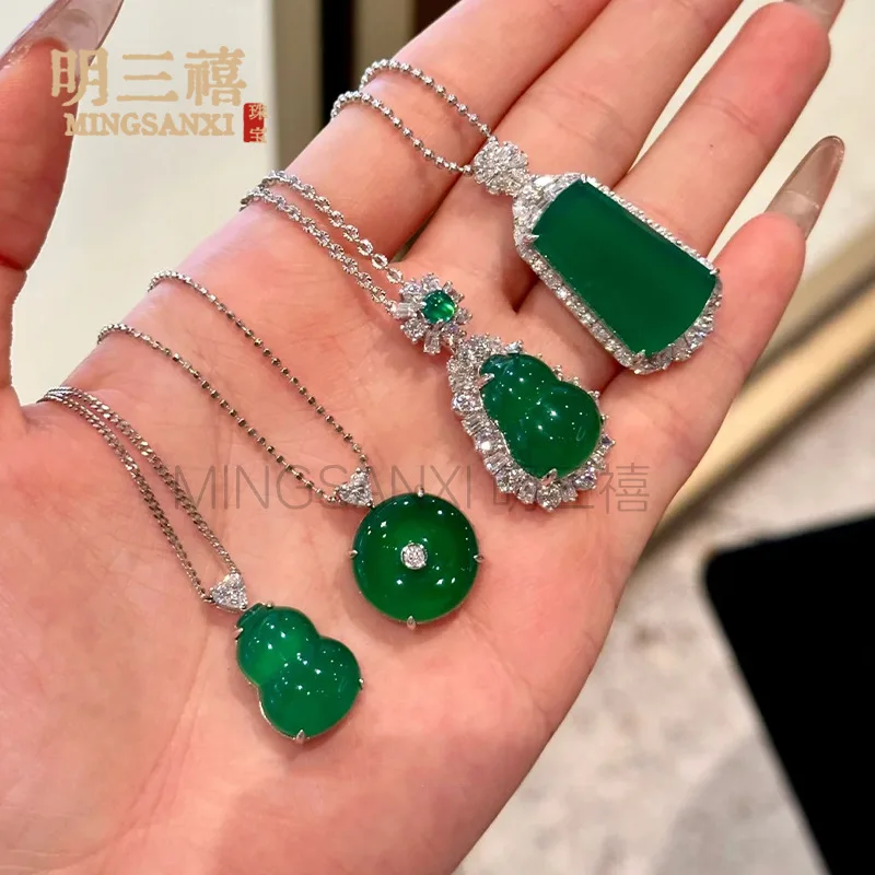 

Imperial Chinese Style Gourd Necklace Full Green Natural Chalcedony Wushi Agate Peace Buckle Jade Pendant