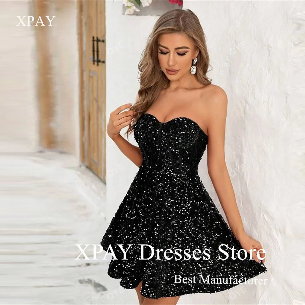 

XPAY Sparkly Black Sequin Mini Short Prom Party Dresses Sweetheart Glitter Cocktail Dress Formal Evening Gowns Shiny Customized