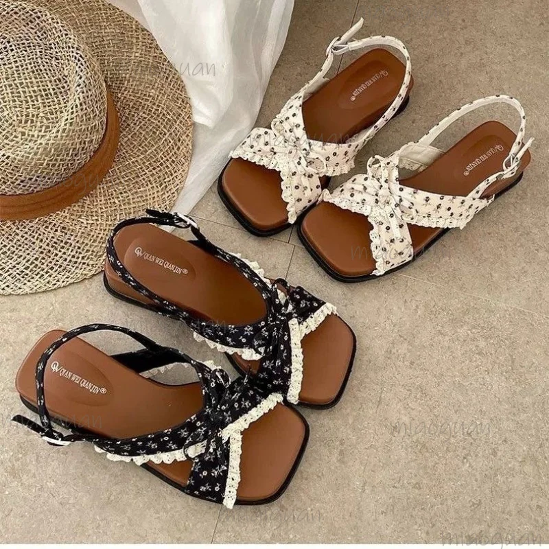 

Summer Butterfly-knot Lace Floral Women Slippers Wedges Heel Vacation Seaside Slides Shoes New Outdoor Slip On Female Sandals