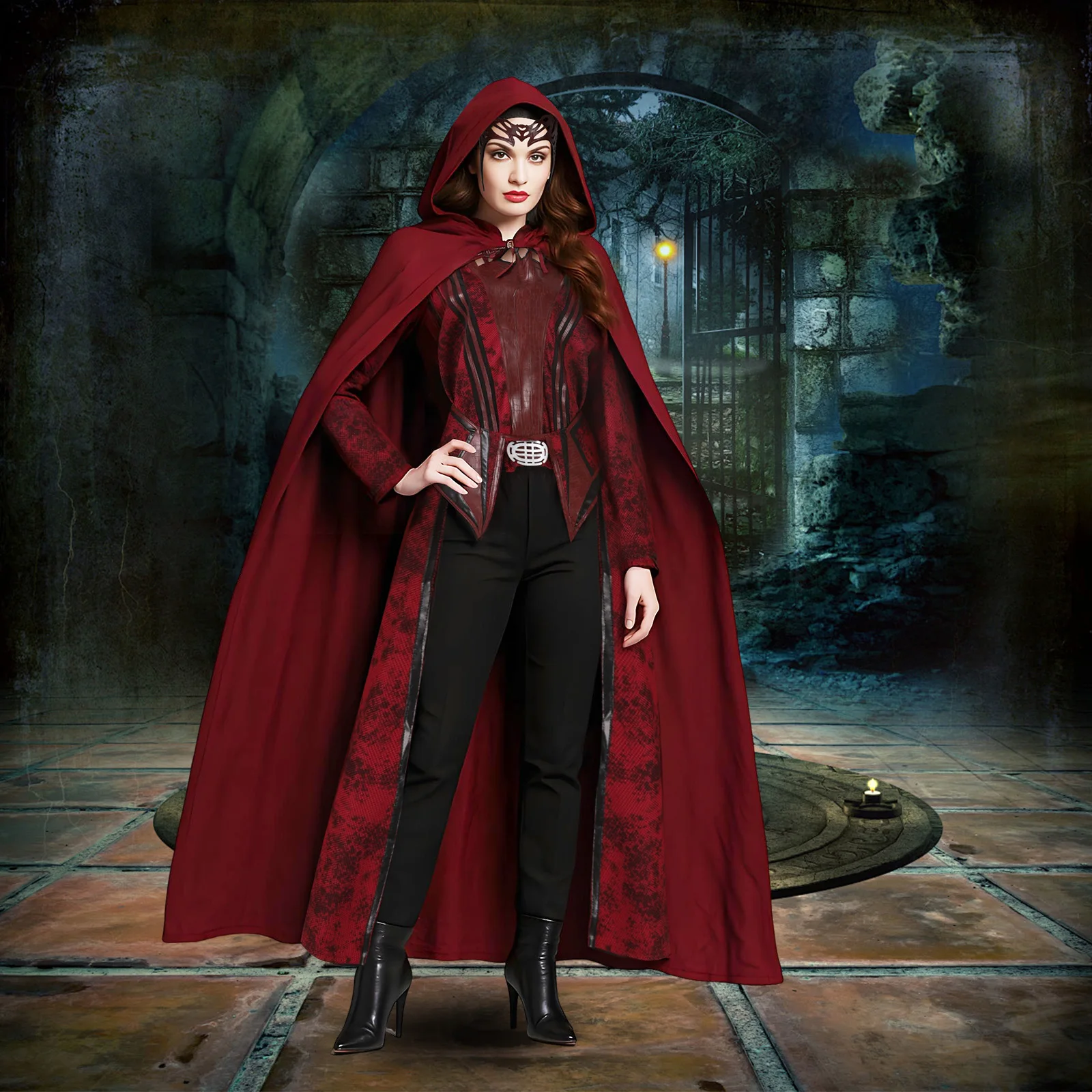 Dames Scarlet Witch-kostuum Wanda Maximoff Cosplay Outfit Hoodie Cape Jas Broek Pak Hoofddeksel Halloween Party Volledige set