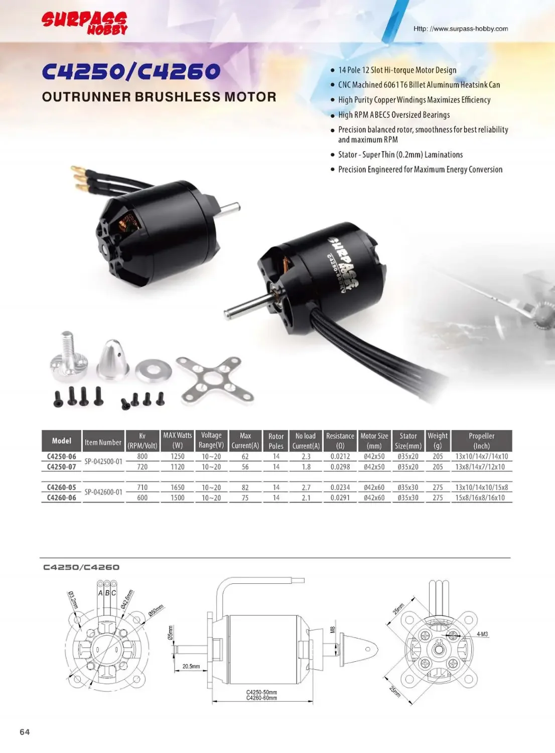 Surpass Hobby 3530(4260) Brushless Motor C4260 500kv 600kv 14Pole for Airpalne Aircraft Multicopters RC Plane Helicopter