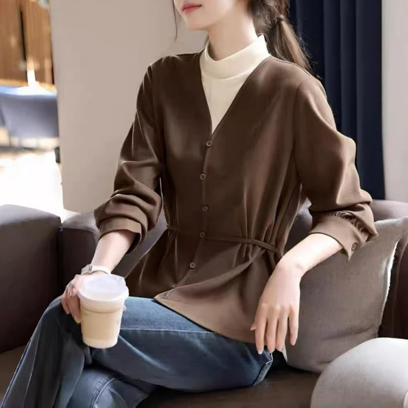 

Женские стильные блузки с полувысоким воротником, элегантные тонкие топы с длинными рукавами для поездок на работу, осень-зима, повседневные рубашки из двух предметов