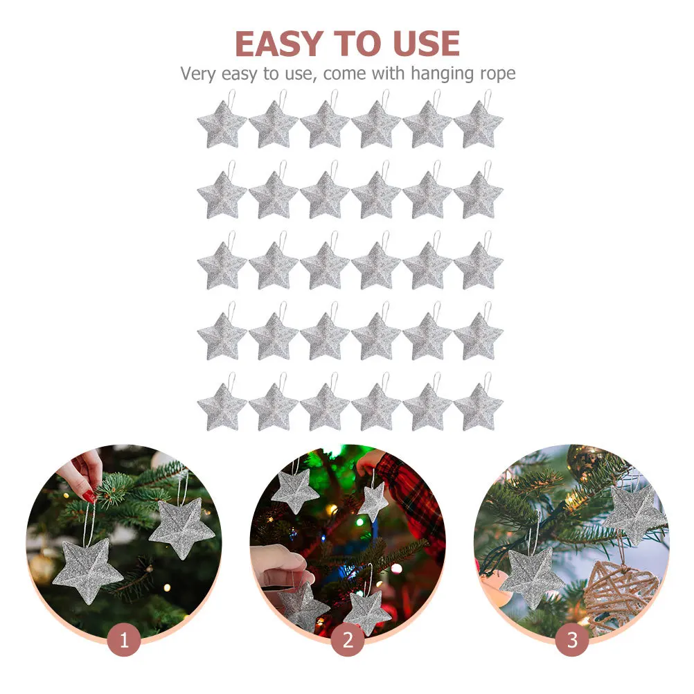 

30Pcs Star Pendants for Christmas 3D Glitter Hanging Ornament Xmas Tree Decor Party Decor Home Supplies Backdrop Prop