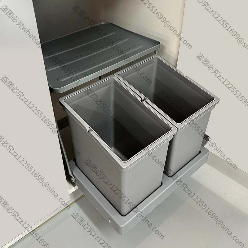 For Kitchen Sink Cabinet, Built-in Hidden Trash Can with Cabinet Door Linkage