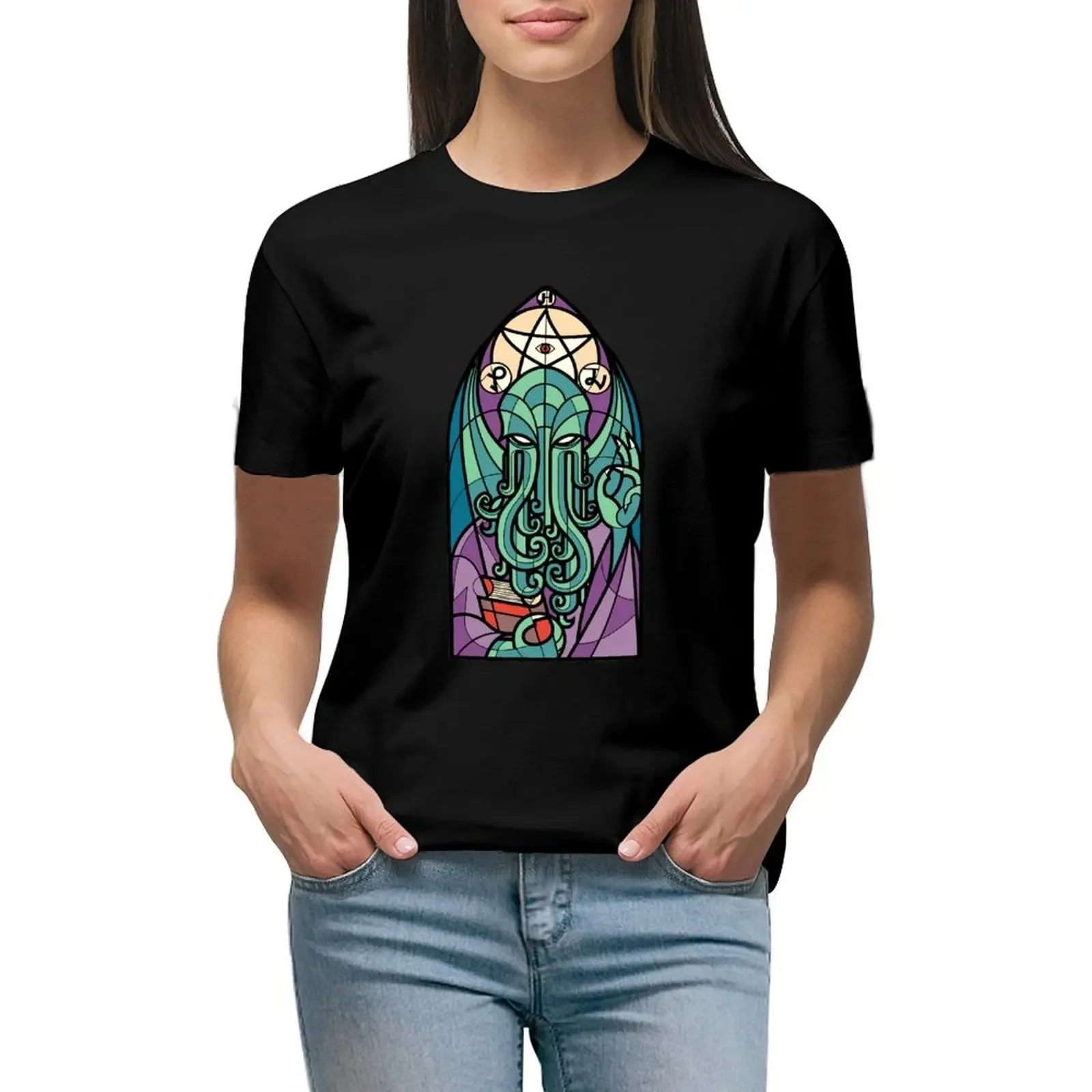 

Cthulhu Church Stained Glass Cosmic Horror T-Shirt heavyweights sports fans quick-drying sublime cropped t shirts for Women