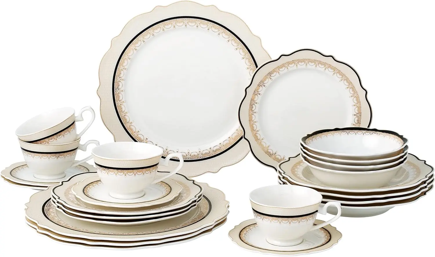 Bone China Dinnerware Set, 24 Pieces in Gold, Complete Service for Four