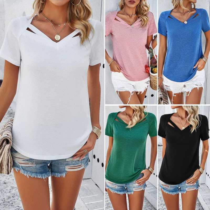 

Diyun Independent Station Women'S Casual Solid Color Short Sleeved V-Neck T-Shirt