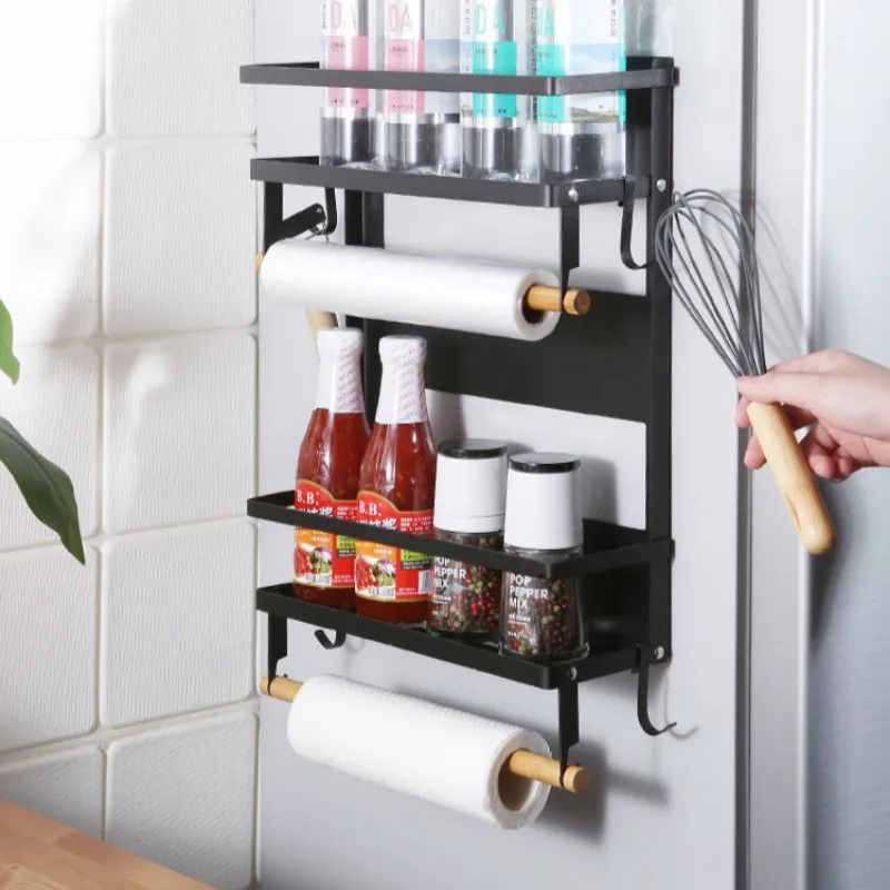 Magnetic Spice Rack with Paper Towel Holder Roll and 2 Hooks Magnetic Shelf Foldable Spice Organizer Metal Refrigerator