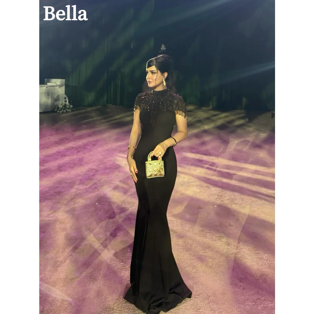 Bella Customized Rhinestones Mermaid Prom Dress Elegant vestidos de noche Short Sleeve High Neck Floor‑Length Evening Dresses