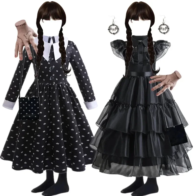 Wednesday Addams Girl Costume 2024 New Black Gothic Dress for Girls Halloween Disguise Cosplay Carnival Party Dresses 4-12 Years