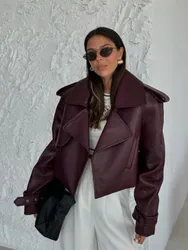 2024 Fashion Solid Lapel Burgundy Leather Jackets Women Vintage Zipper Button Oversize Motocycle Crop Coat Lady High Streetwear